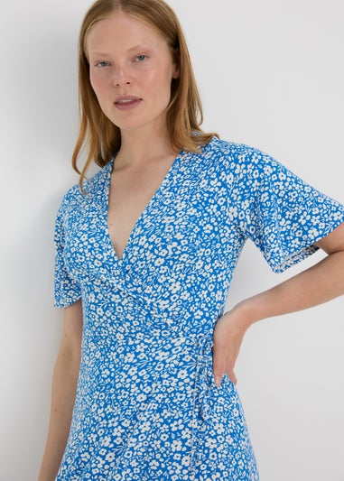 Blue Floral Frill Hem Wrap Dress
