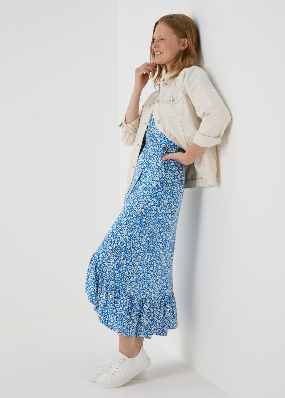 Blue Floral Frill Hem Wrap Dress