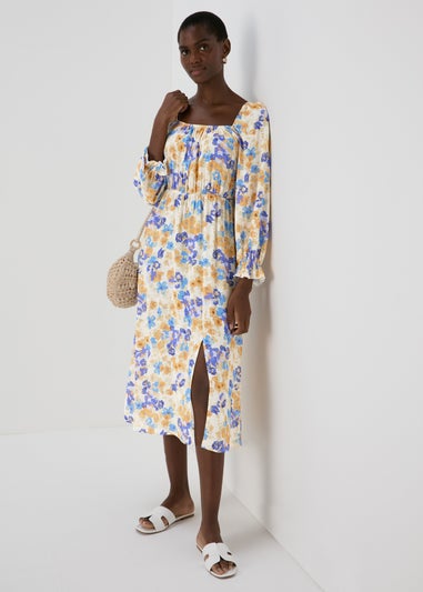 Multicolour Frill Cuff Square Neck Midi Dress