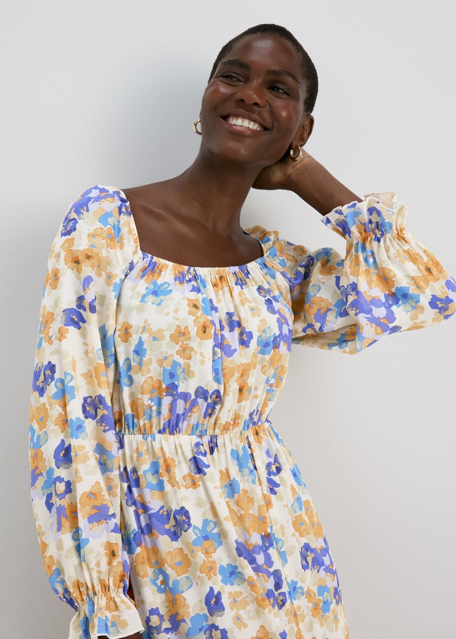 Multicolour Frill Cuff Square Neck Midi Dress