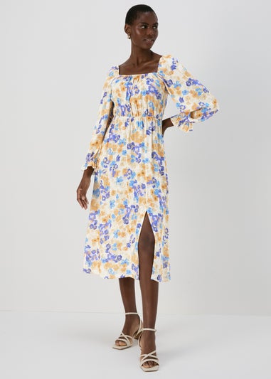 Multicolour Frill Cuff Square Neck Midi Dress