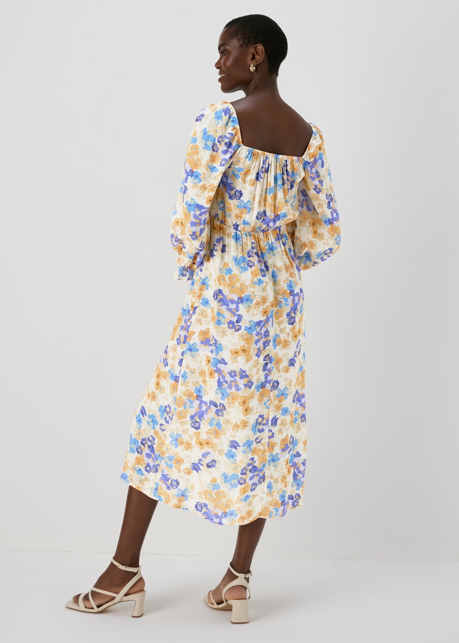 Multicolour Frill Cuff Square Neck Midi Dress