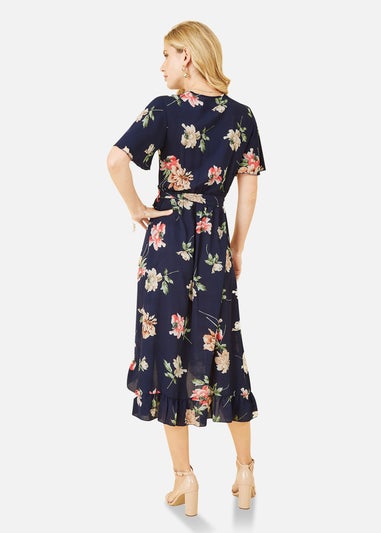 Mela Navy Floral Dip Hem Wrap Midi Dress
