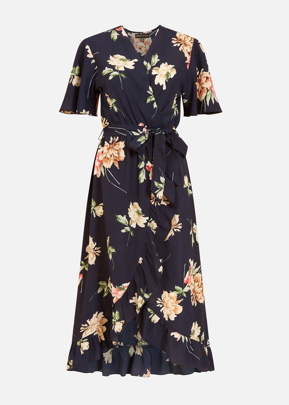 Mela Navy Floral Dip Hem Wrap Midi Dress