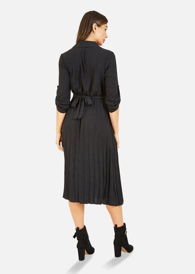 Mela Black Pleated Skirt Midi Belted Shirt Dress