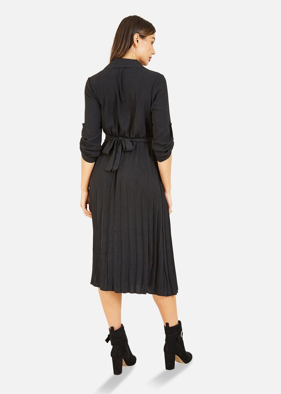Mela Black Pleated Skirt Midi Belted Shirt Dress