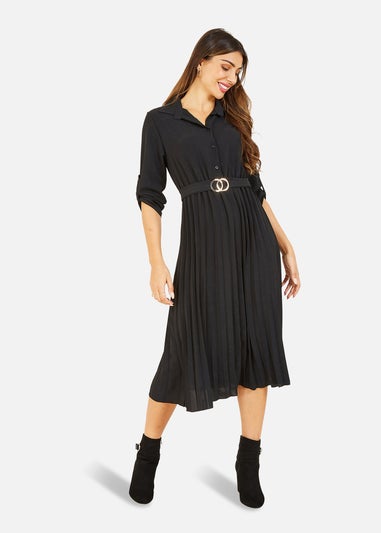 Mela Black Pleated Skirt Midi Belted Shirt Dress
