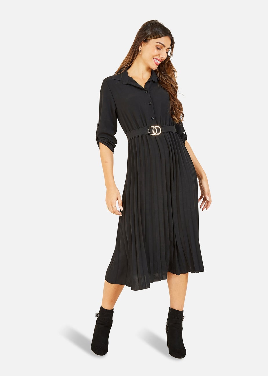 Mela Black Pleated Skirt Midi Belted Shirt Dress