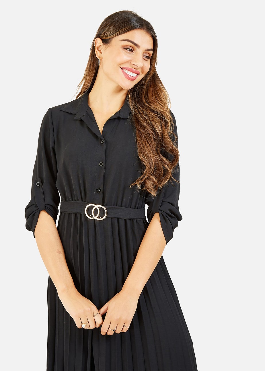 Mela Black Pleated Skirt Midi Belted Shirt Dress