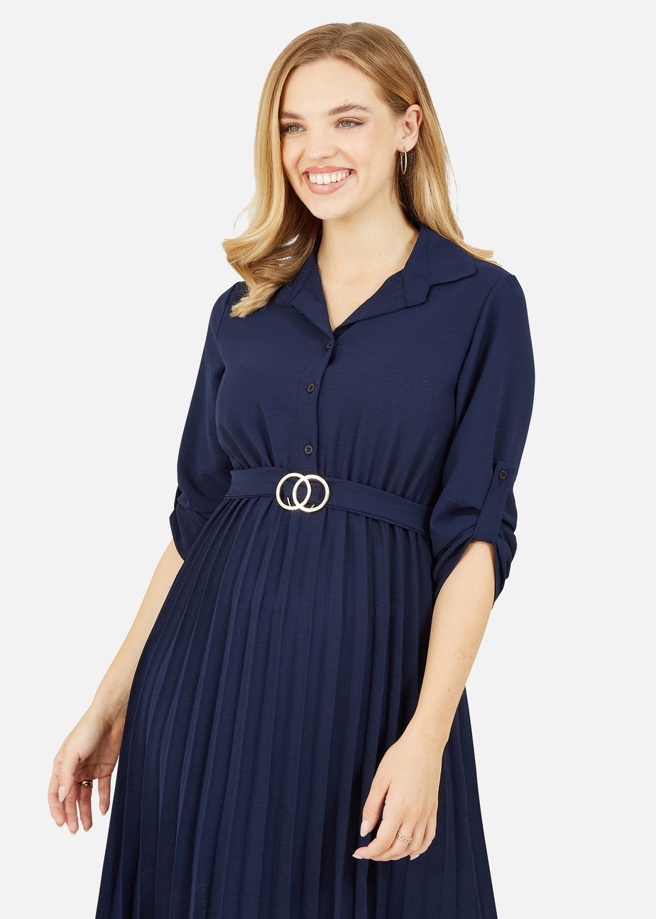 Mela Navy Pleated Skirt Midi Belted Shirt Dress
