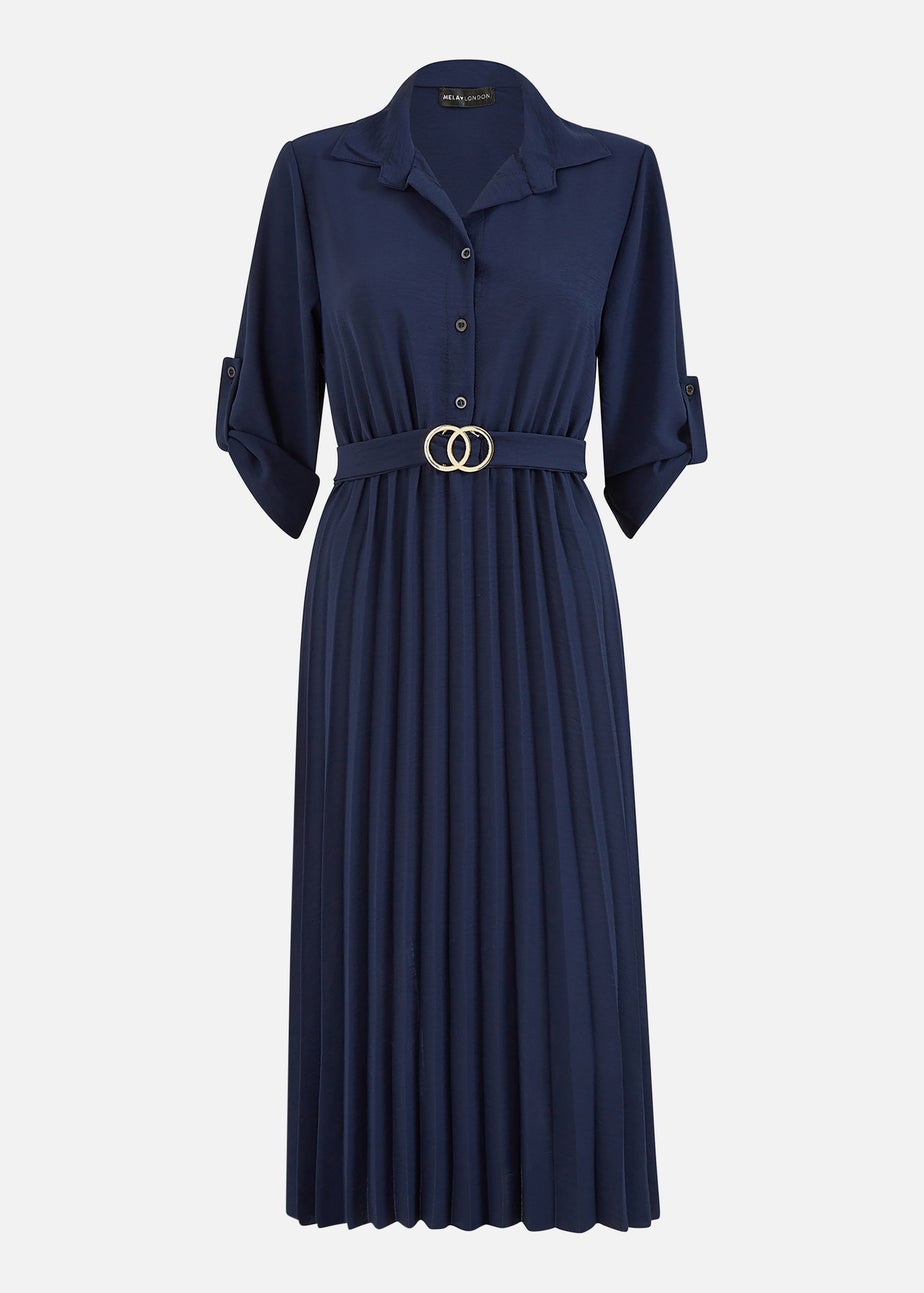 Mela Navy Pleated Skirt Midi Belted Shirt Dress