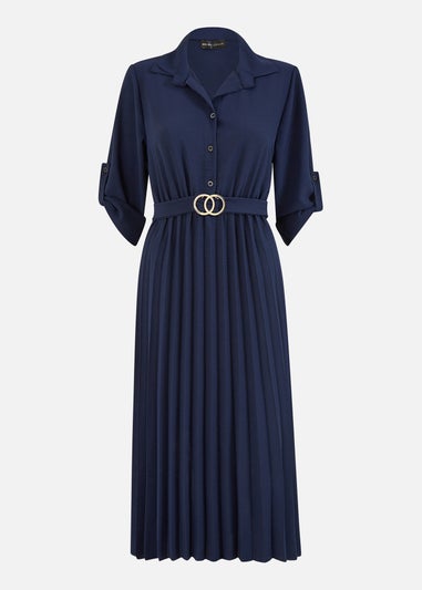 Mela Navy Pleated Skirt Midi Belted Shirt Dress