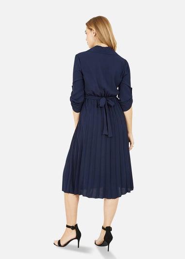 Mela Navy Pleated Skirt Midi Belted Shirt Dress