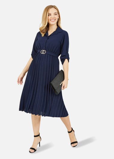 Mela Navy Pleated Skirt Midi Belted Shirt Dress