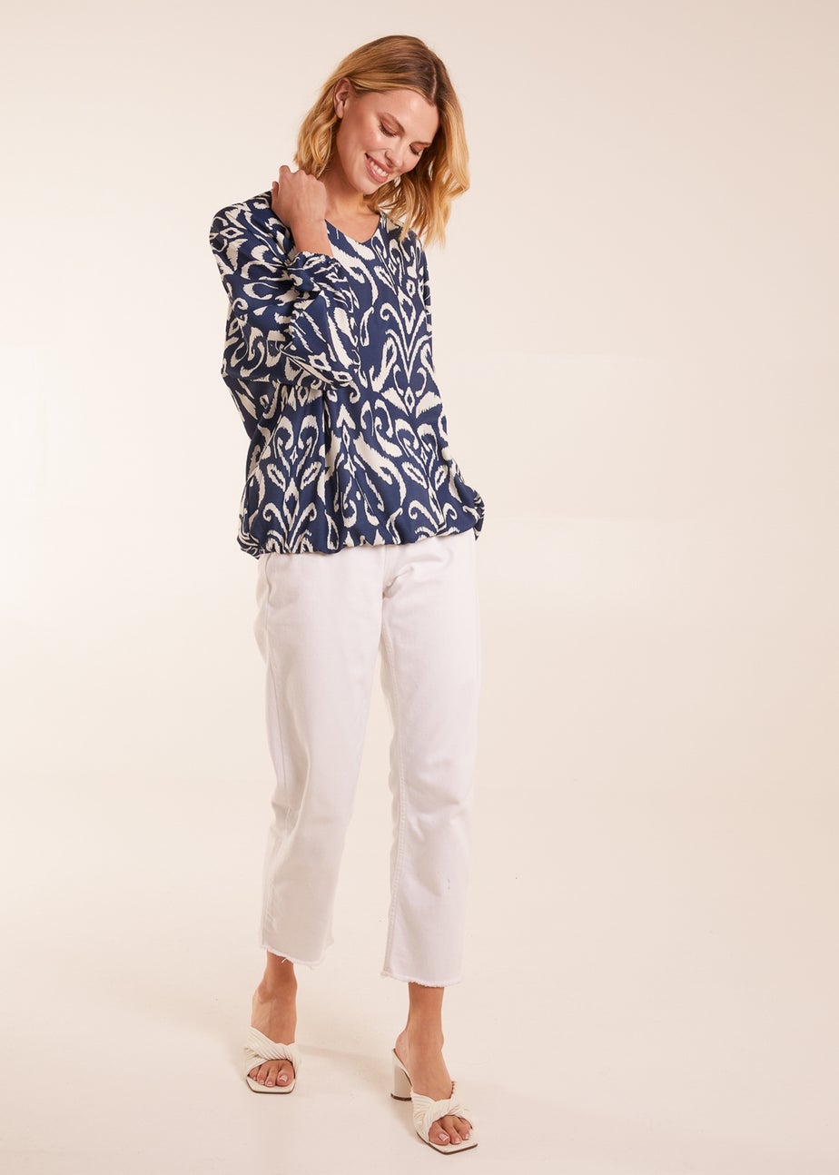 Blue Vanilla V Neck Printed Batwing Elasticated Hem Top