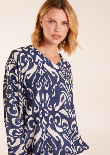 Blue Vanilla V Neck Printed Batwing Elasticated Hem Top