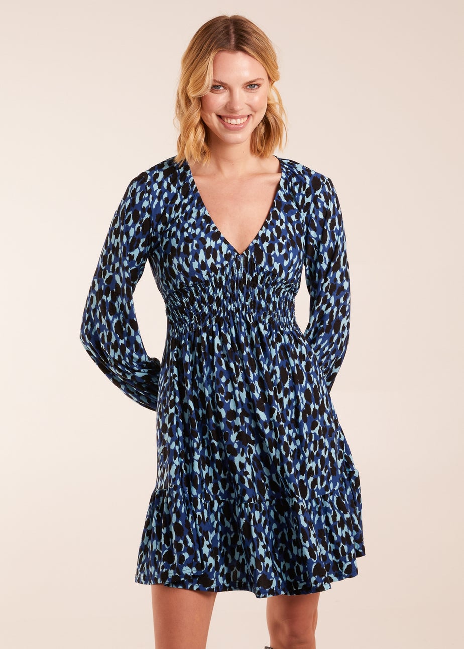 Blue Vanilla Leopard Print Shirring Elastic Sleeve Tier Mini Dress