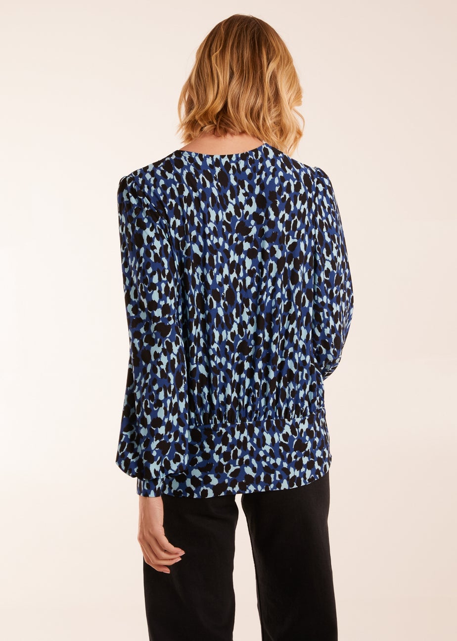 Blue Vanilla Leopard Print Wrap Front Geometric Deep Hem Band Top