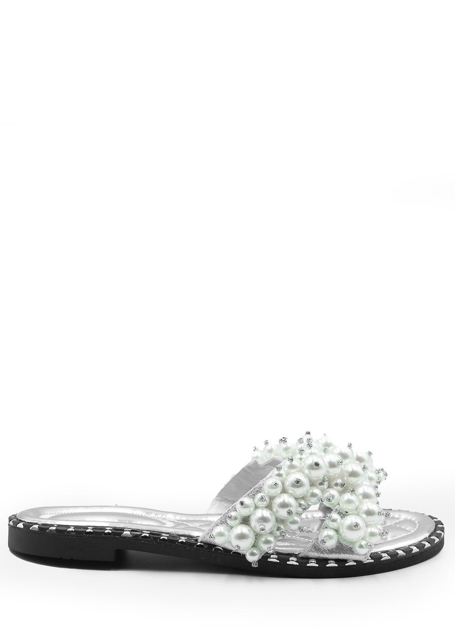 Where's That From Silver Eve Pearl Embellished Flat Slider Sandals