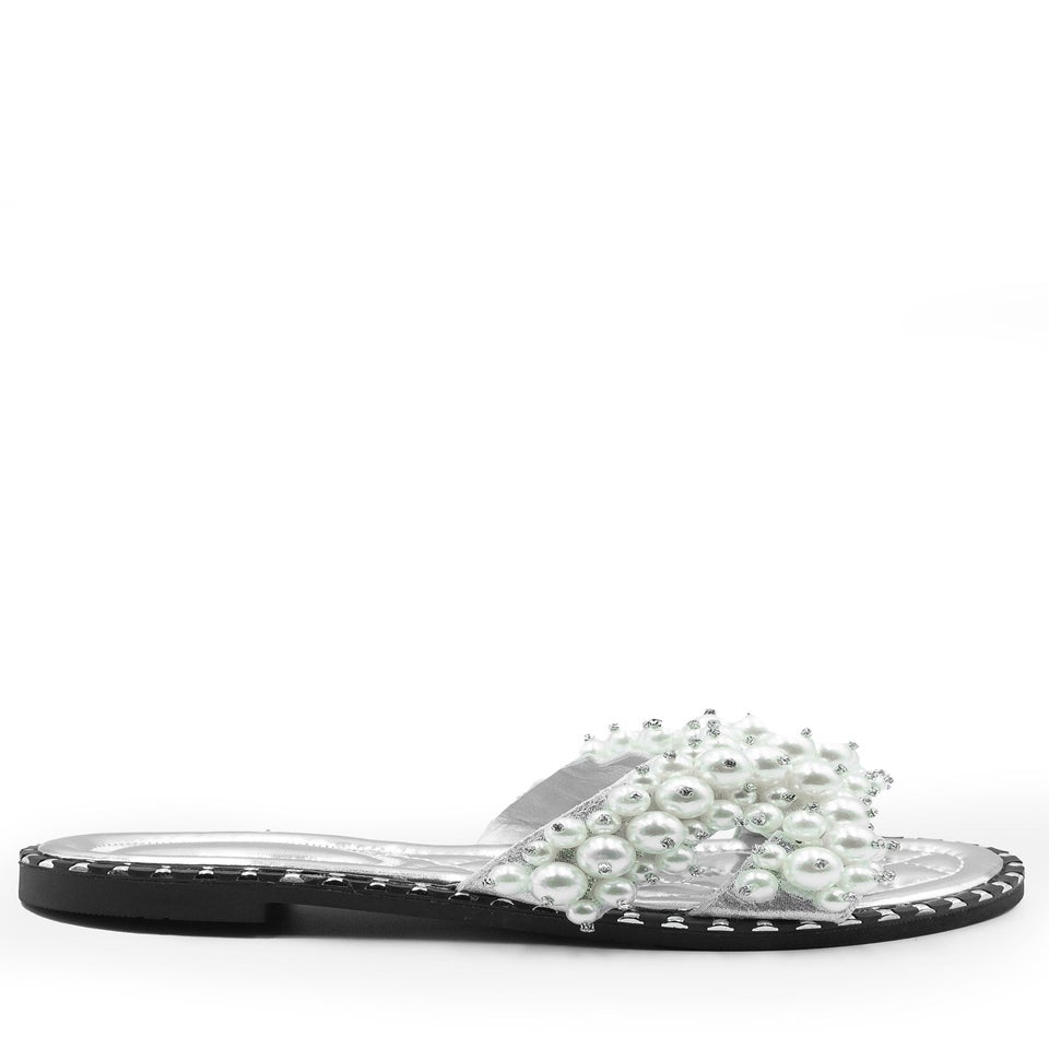 Where's That From Silver Eve Pearl Embellished Flat Slider Sandals