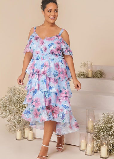 Quiz Blue Curve Floral Chiffon Tiered Midi Dress