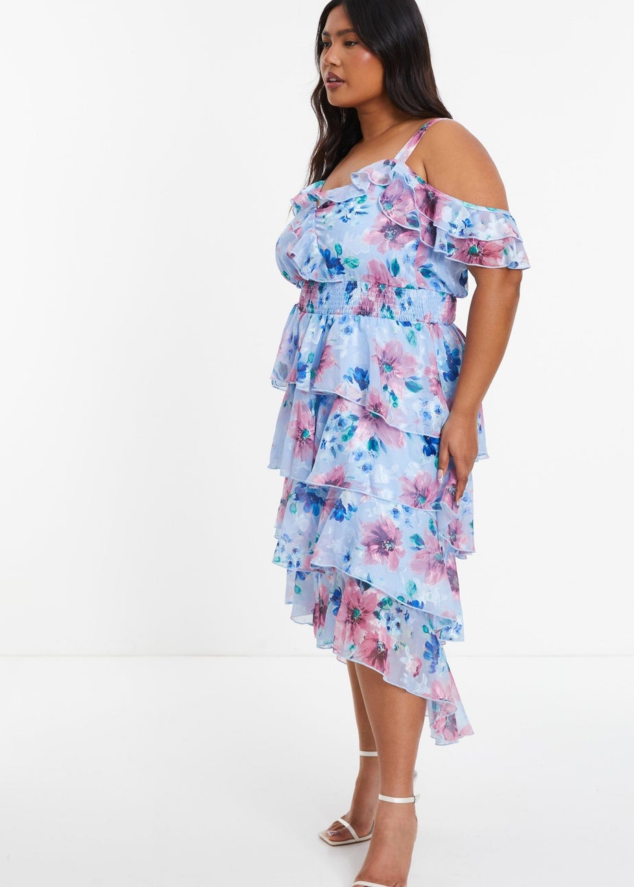 Quiz Blue Curve Floral Chiffon Tiered Midi Dress