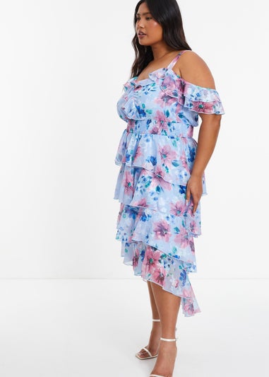 Quiz Blue Curve Floral Chiffon Tiered Midi Dress