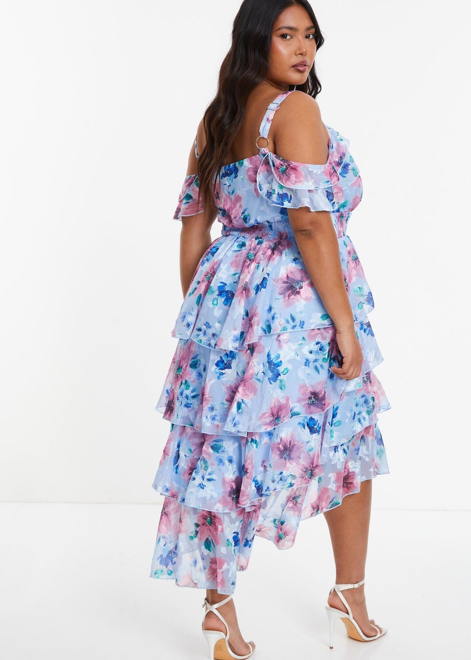 Quiz Blue Curve Floral Chiffon Tiered Midi Dress