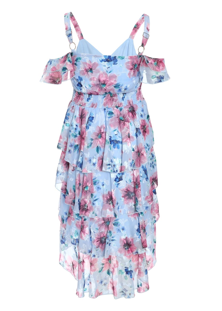 Quiz Blue Curve Floral Chiffon Tiered Midi Dress