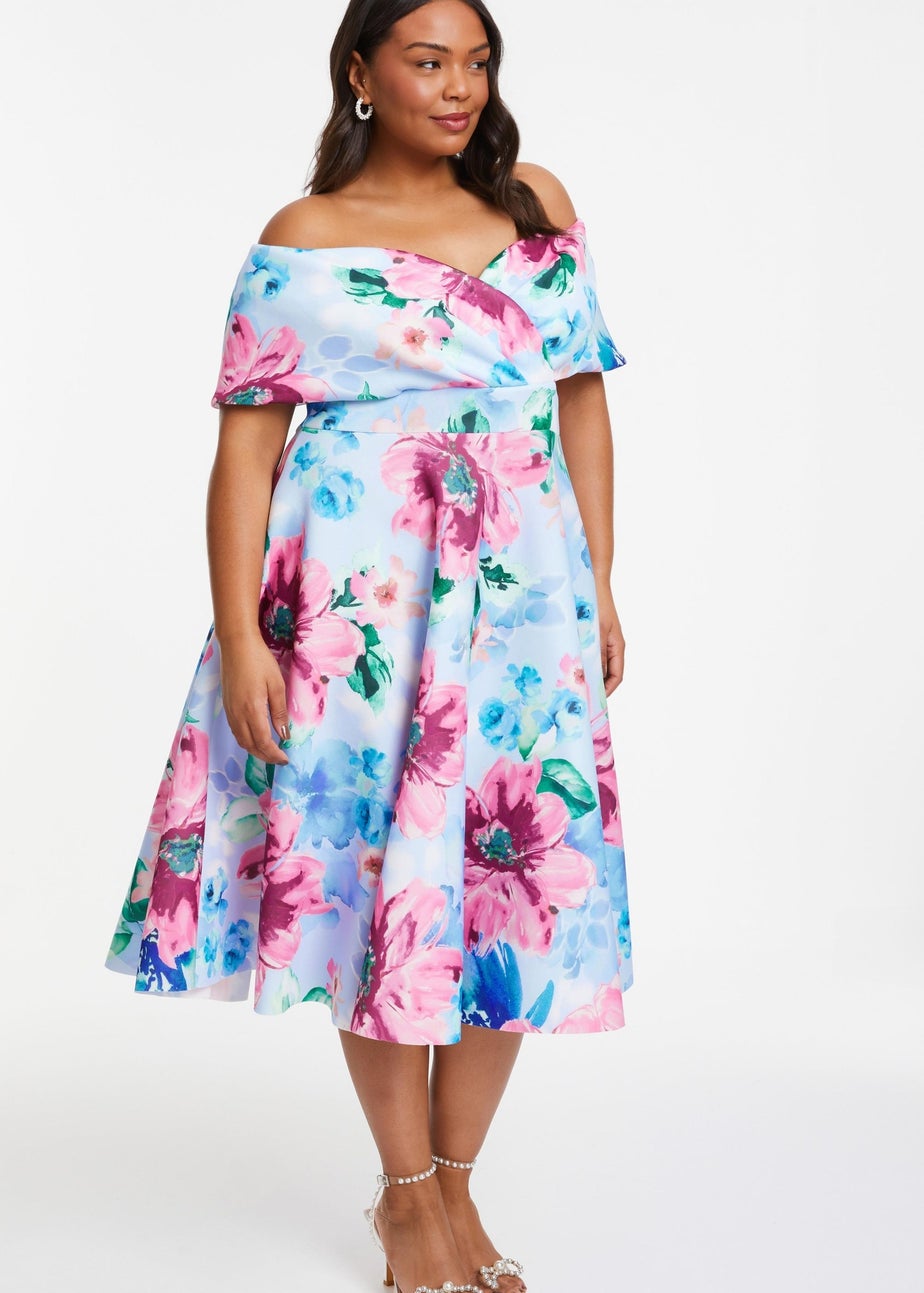 Quiz Multi Curve Floral Bardot Midi Skater Dress