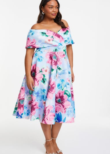 Quiz Multi Curve Floral Bardot Midi Skater Dress