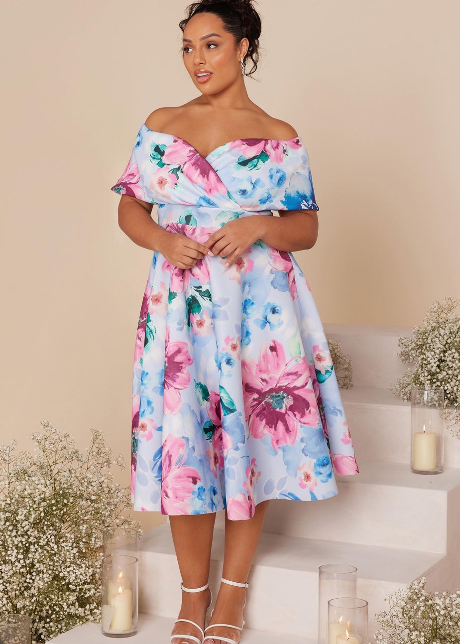 Quiz Multi Curve Floral Bardot Midi Skater Dress