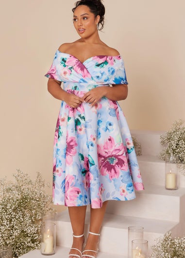 Quiz Multi Curve Floral Bardot Midi Skater Dress