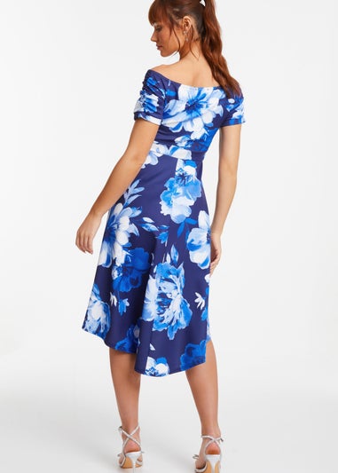 Quiz Blue Floral Bardot Dip Hem Midi Dress