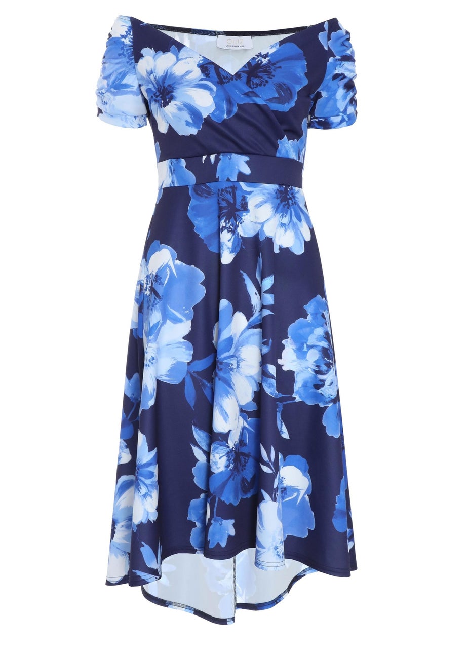 Quiz Blue Floral Bardot Dip Hem Midi Dress