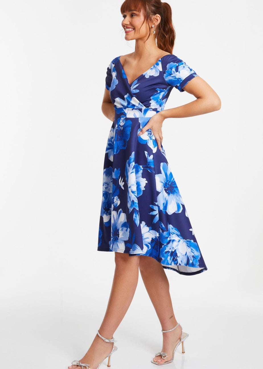 Quiz Blue Floral Bardot Dip Hem Midi Dress