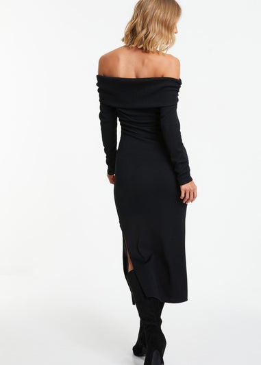 Quiz Black Ribbed Bardot Bodycon Midi Dress