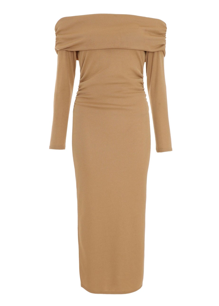 Quiz Camel Ribbed Bardot Bodycon Midi Dress