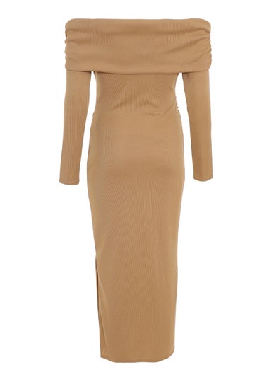 Quiz Camel Ribbed Bardot Bodycon Midi Dress
