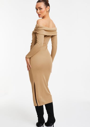 Quiz Camel Ribbed Bardot Bodycon Midi Dress