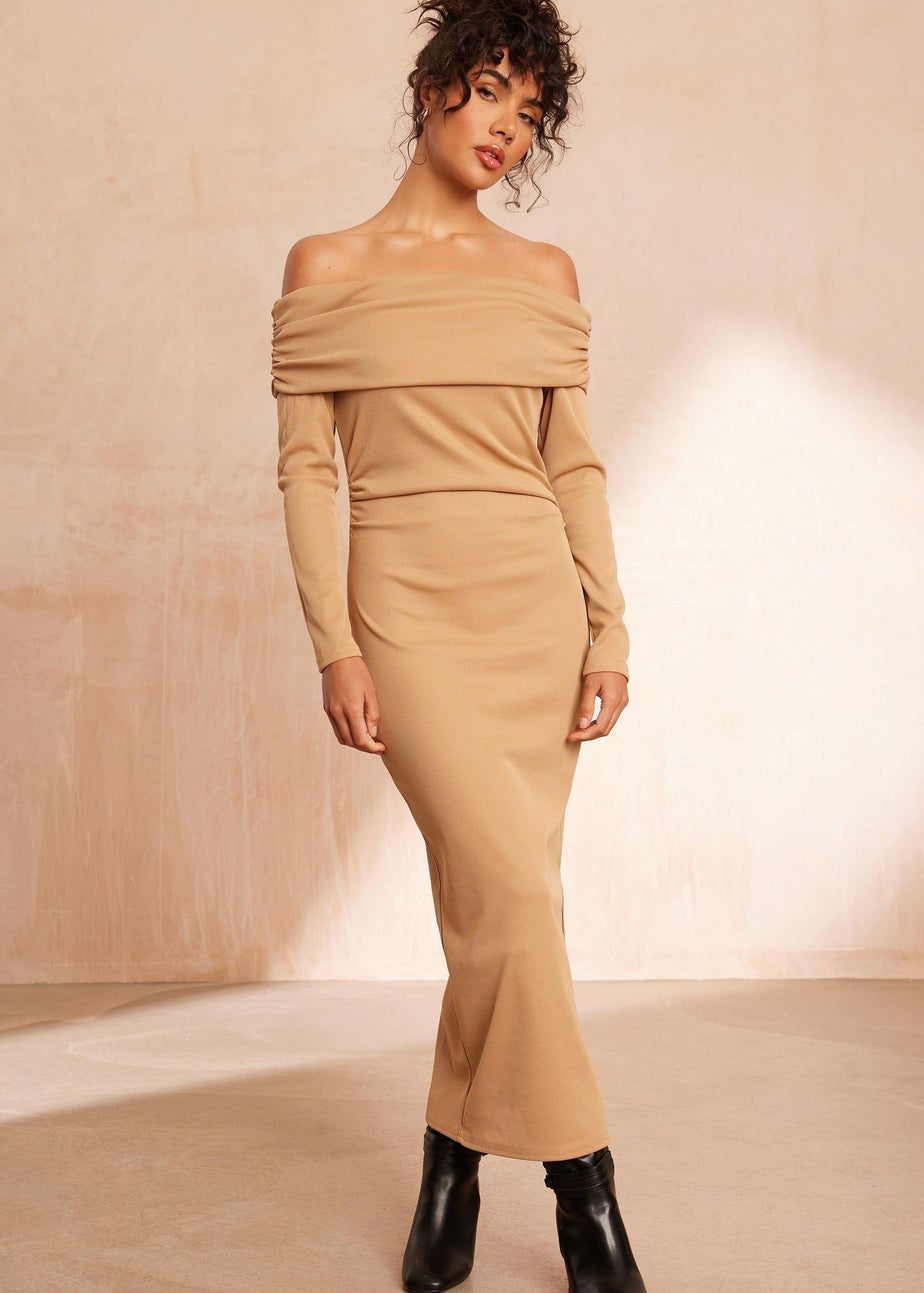Quiz Camel Ribbed Bardot Bodycon Midi Dress