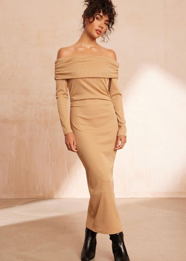 Quiz Camel Ribbed Bardot Bodycon Midi Dress