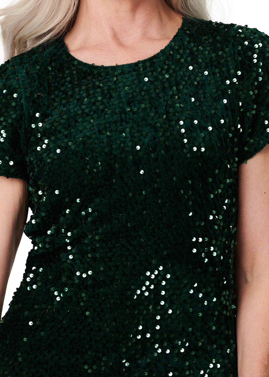 Izabel London Green Sequin Short Sleeve Shift Dress