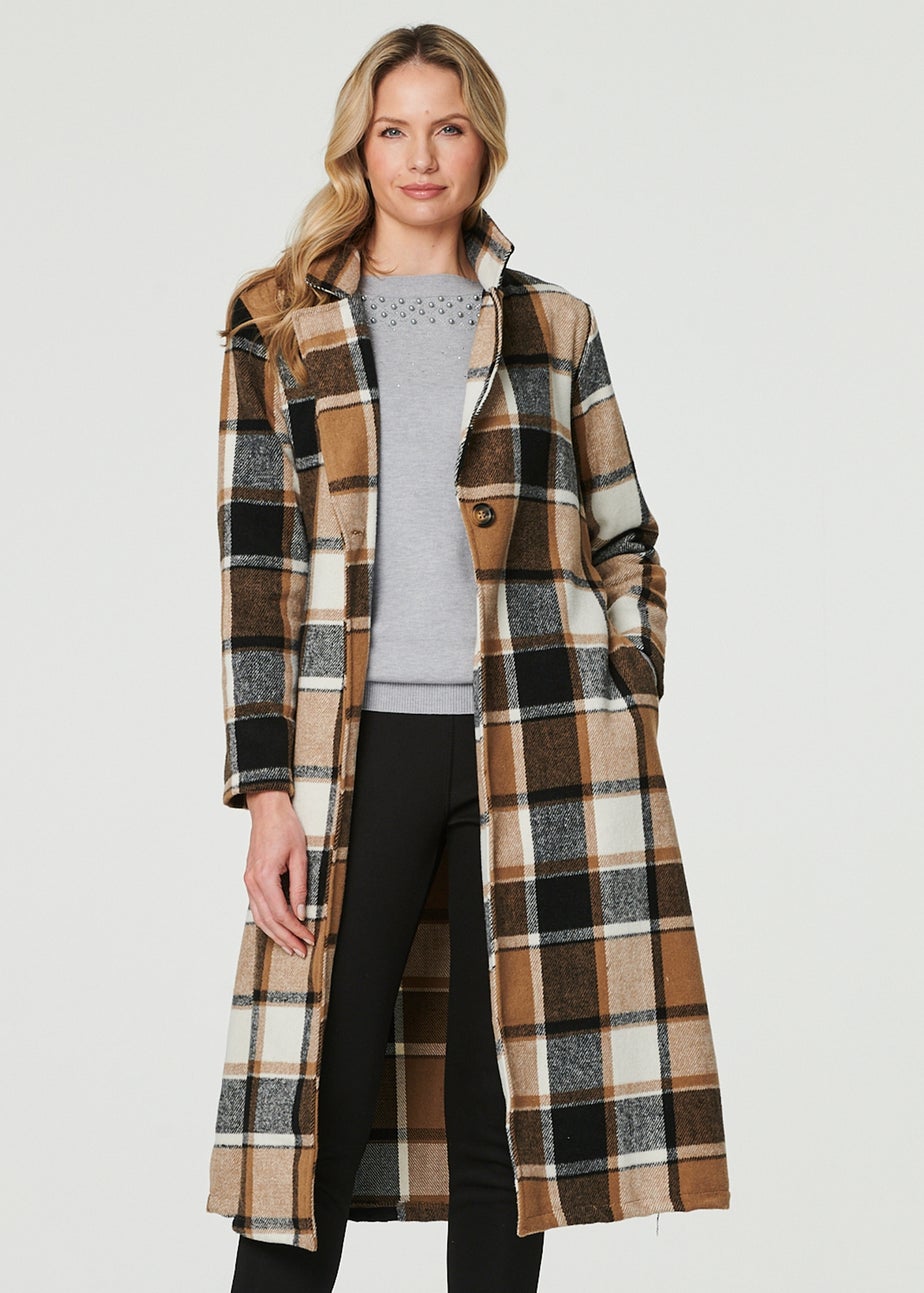 Izabel London Beige Checked Longline Tailored Coat