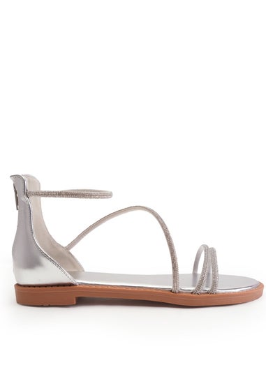 Where's That From Silver Metallic Palmira Diamante Flatform Strappy Sandals