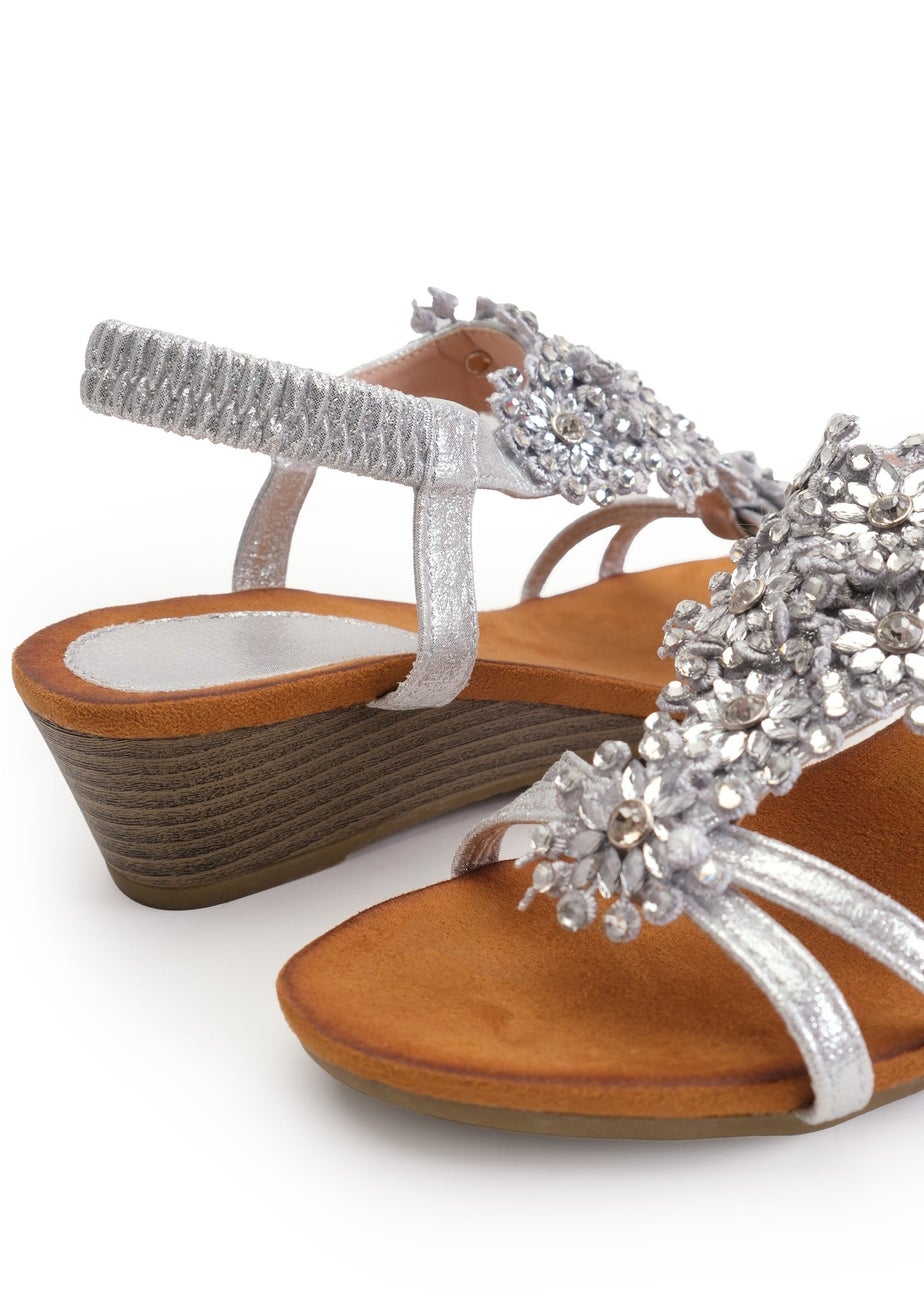 Where's That From Silver Glitter Cevedo Low Wedge Heeled Sandals