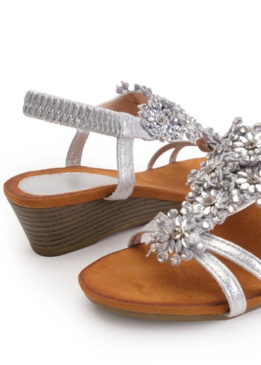 Where's That From Silver Glitter Cevedo Low Wedge Heeled Sandals