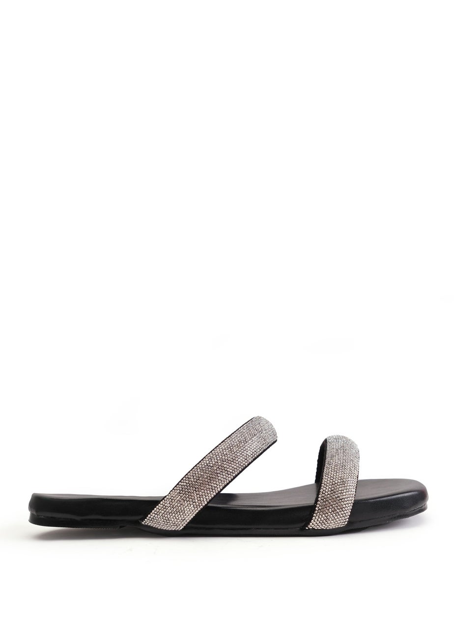 Where's That From Black Pu Yakirah Diamante Flatform Sliders