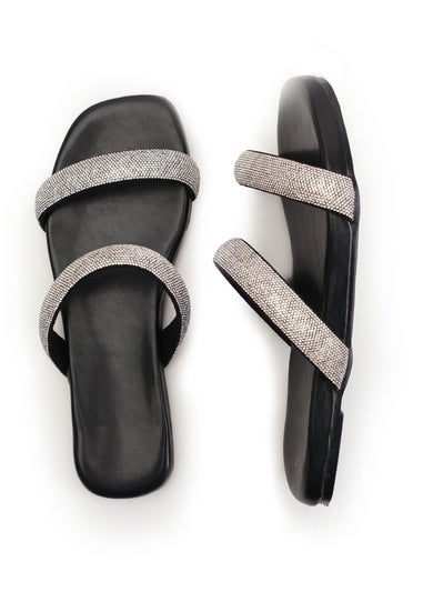 Where's That From Black Pu Yakirah Diamante Flatform Sliders