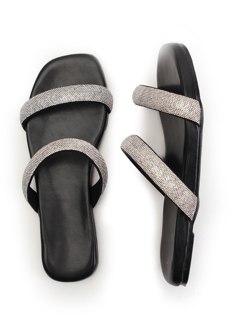 Where's That From Black Pu Yakirah Diamante Flatform Sliders